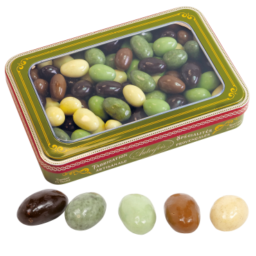 Boite décorée Olives au Chocolat, Amandises Caramels et Amandises Crème Brulée 350g