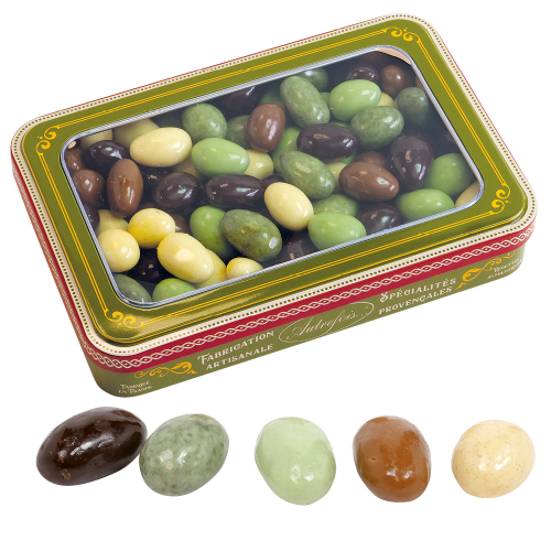 Boite décorée Olives au Chocolat, Amandises Caramels et Amandises Crème Brulée 350g