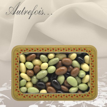 Boite décorée Olives au Chocolat, Amandises Caramels et Amandises Crème Brulée 350g